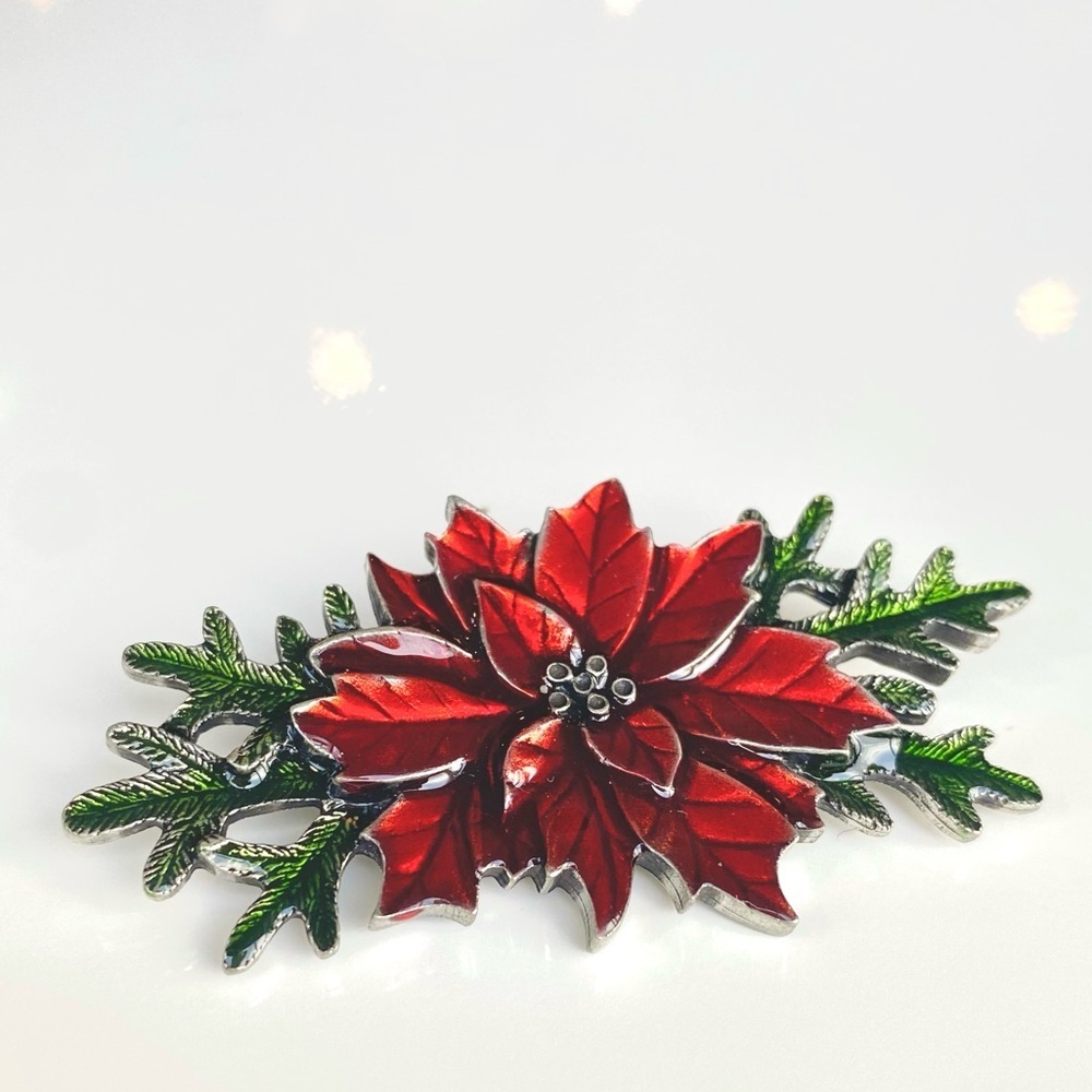 DANFORTH Poinsettia Pewter & Enamel Brooch Red & Green Christmas Signed USA
